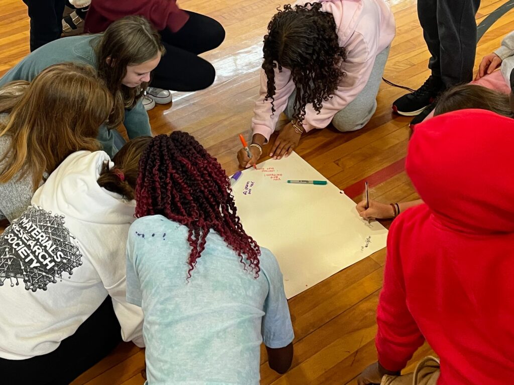 Students gathered around a sheet of paper, writing with markers